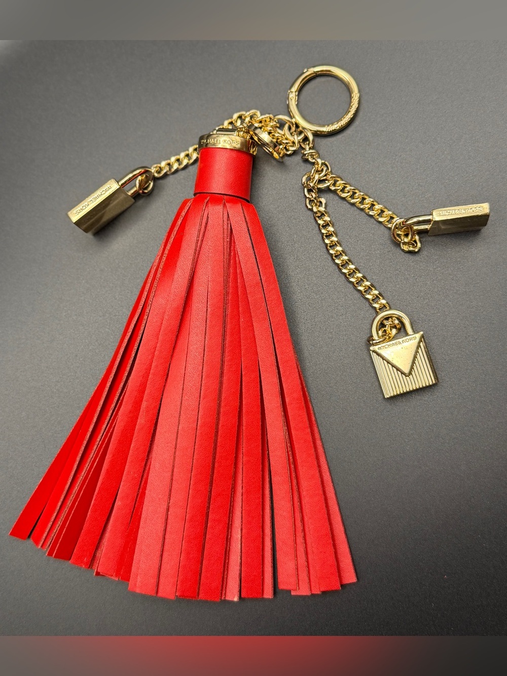 Michael Kors Red Leather Tassel Key Charm with Gold Accents